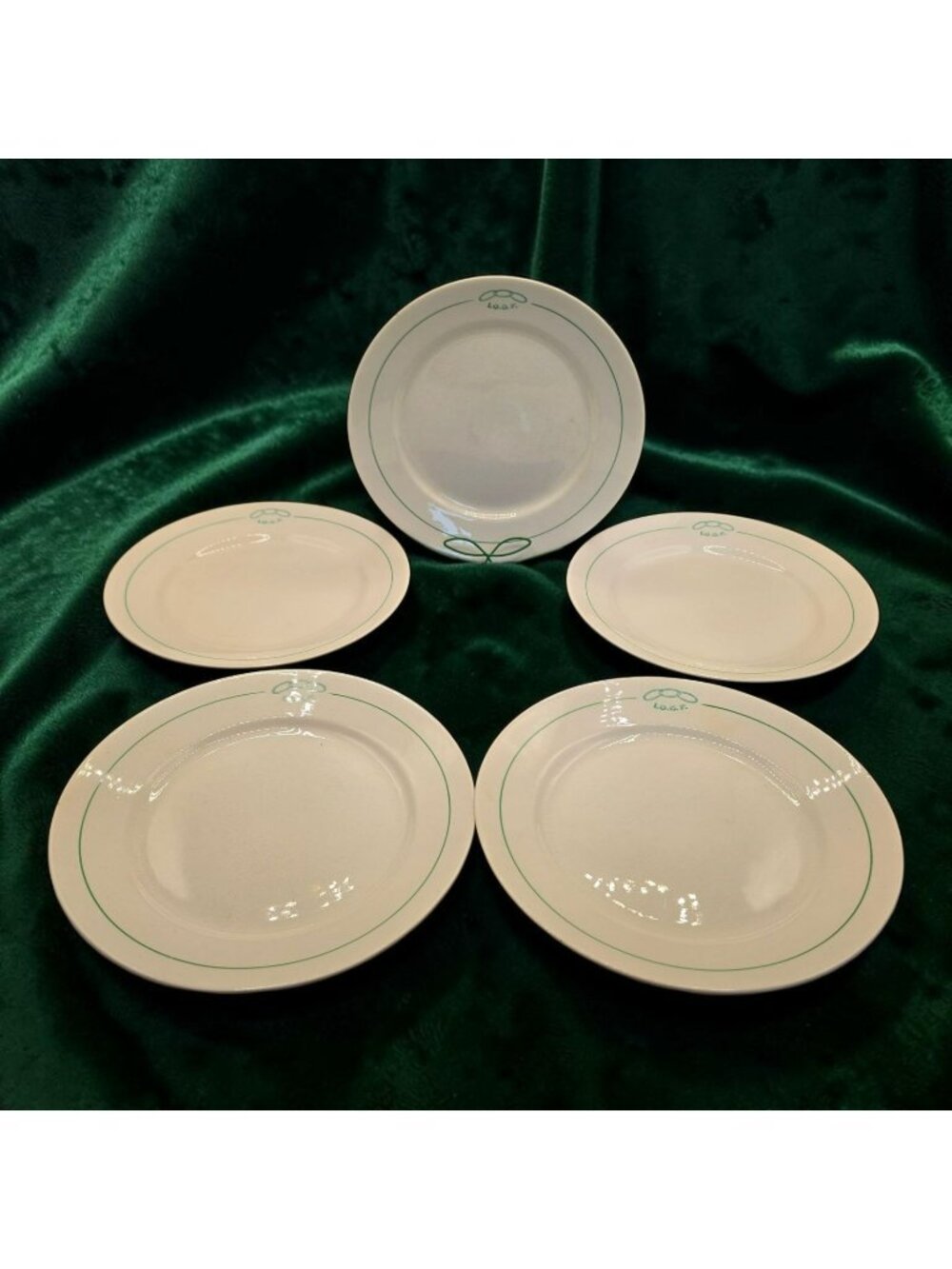 Vintage L.O.O.F. Ceramic Dinner Plates Set Of 5 With Green Trim CP Co Mark 1934